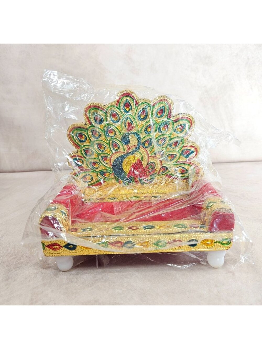 Decorative Hindu Deity Throne Metal Pooja Singhasan Chowki Peacock Design 6"x6"